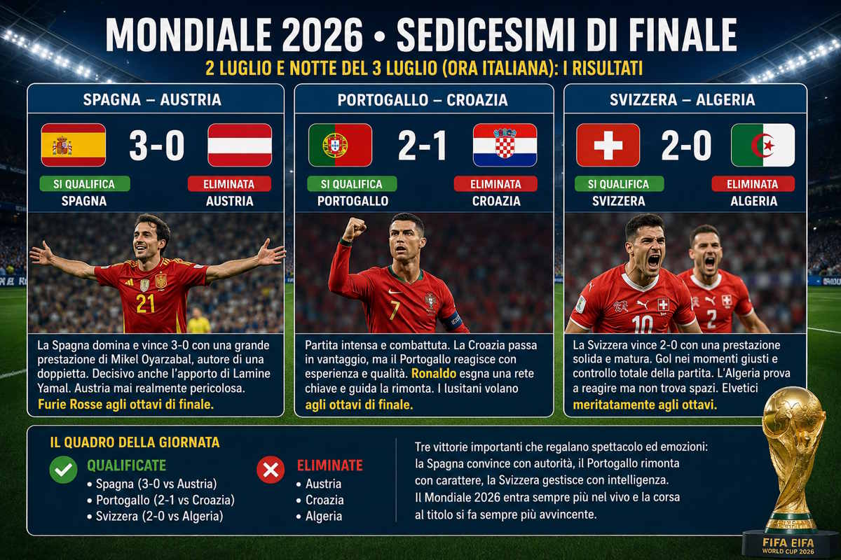 Mondiale 2026, sedicesimi di finale: Spagna, Portogallo e Svizzera staccano il pass per gli ottavi. Oyarzabal trascina le Furie Rosse, Ronaldo guida la rimonta lusitana